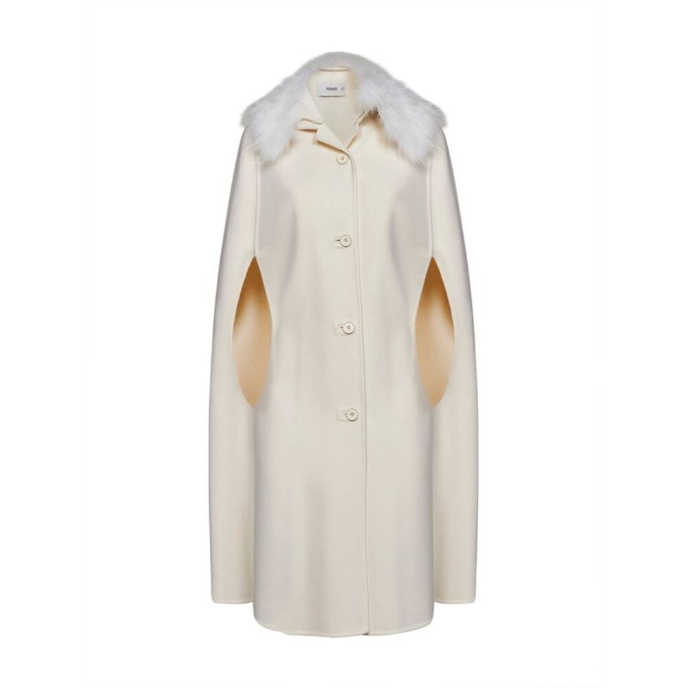 Fendi Women Ivory Double-Sided Wool-Blend Cape With Fox Fur Collar